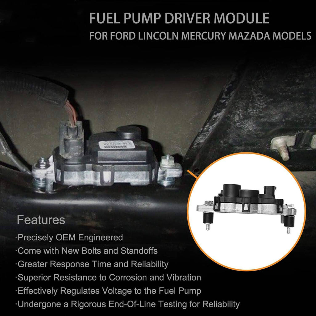 Fuel pump driver module with fuel connector and mounting base, shown in close-up