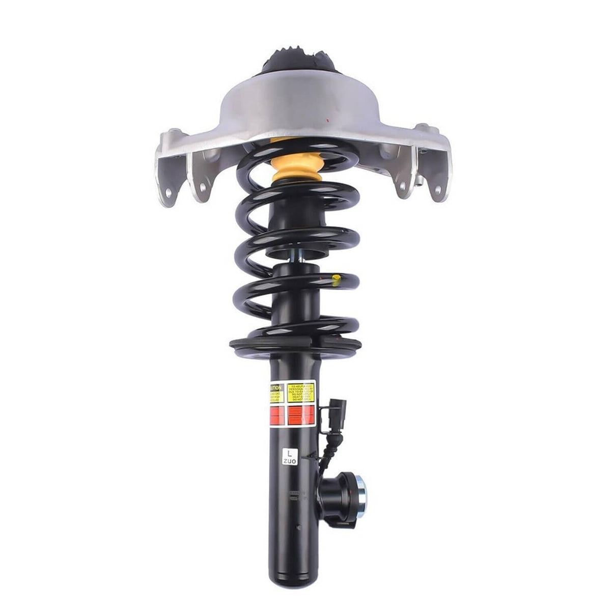 Front shock strut assembly with coil spring, gray mount and black damper body