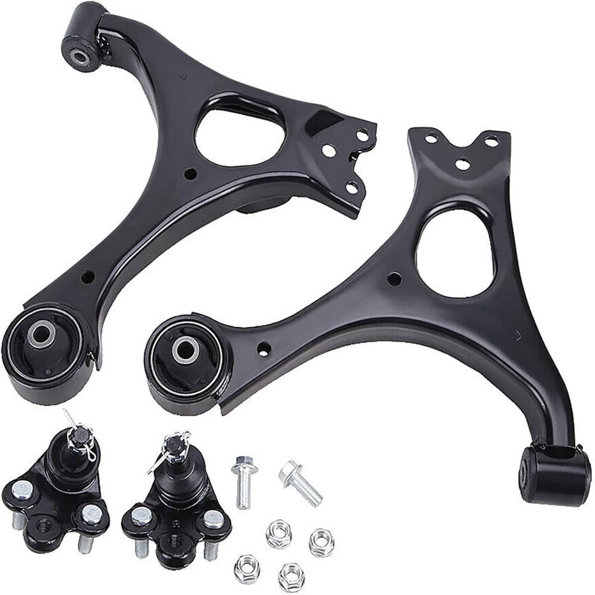 Black front lower control arm set with ball joints and bolt hardware