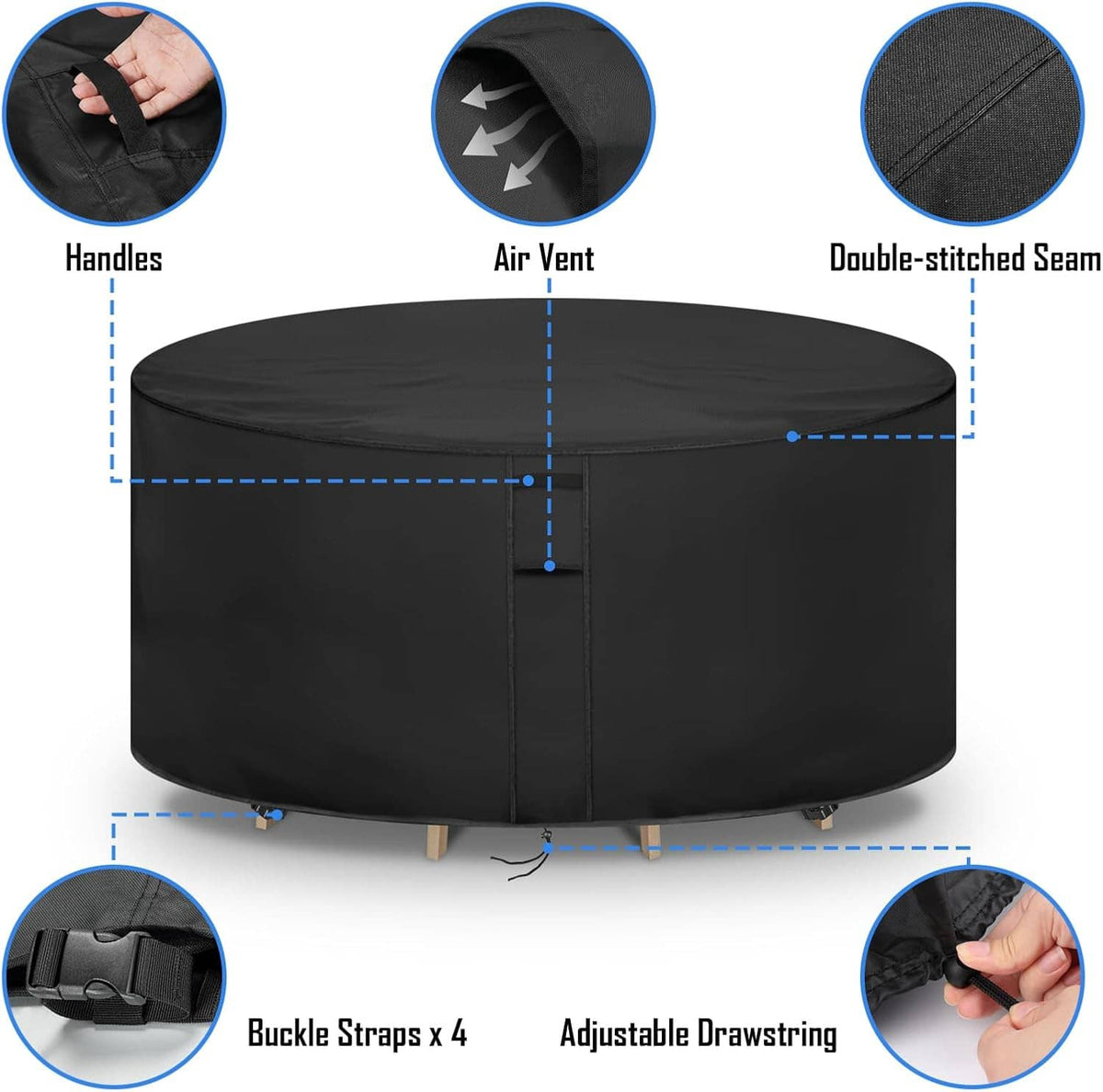 Round black patio table cover with handles, air vent, double-stitched seams, and drawstring