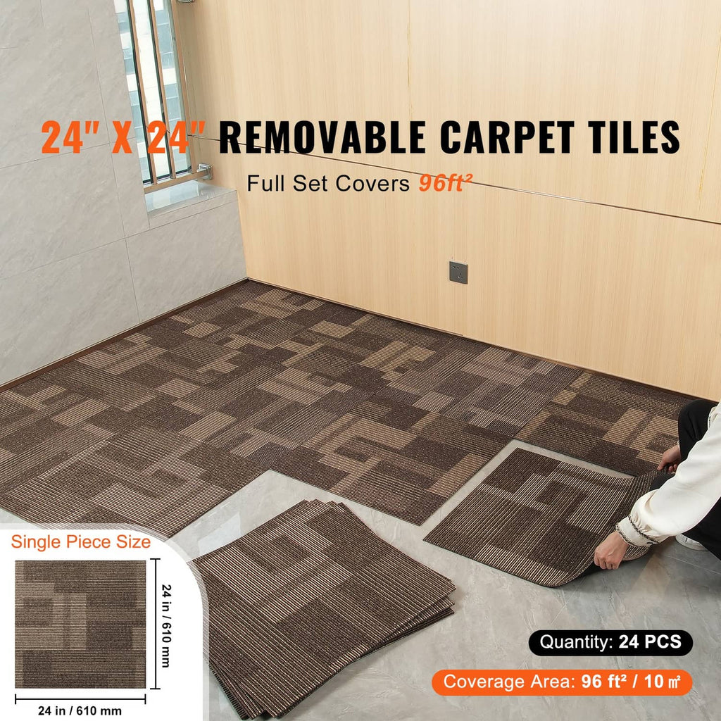 Brown carpet tile squares with removable layout pattern on indoor flooring