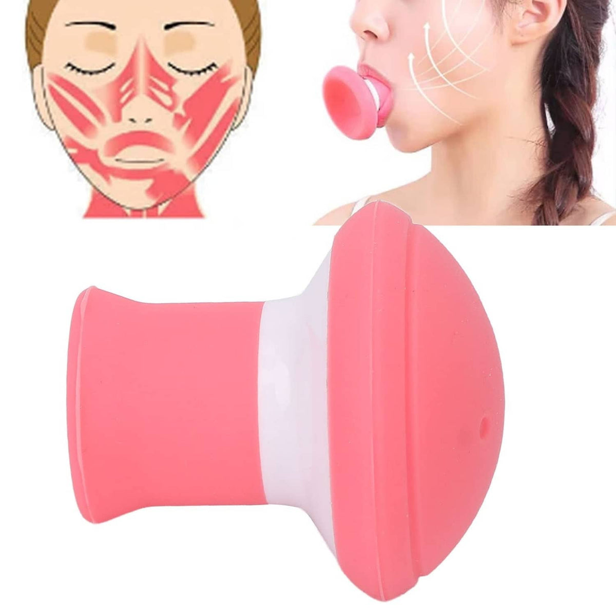 Pink and white jaw exerciser with curved disc pad and round mouth contact tip