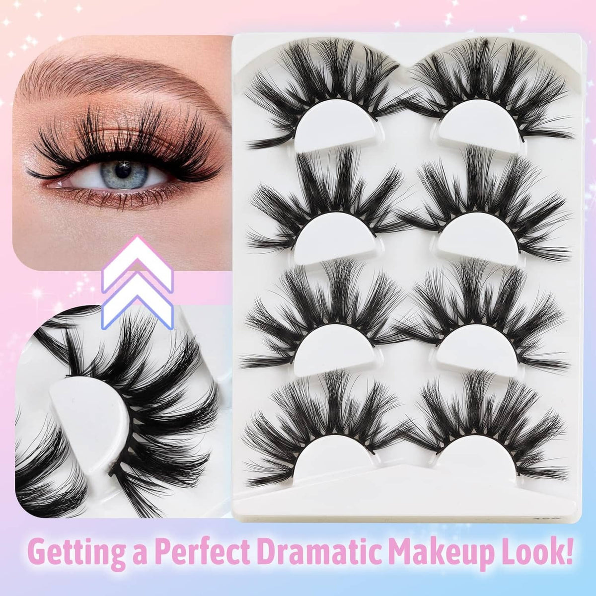 4-pair faux mink lash set on a white tray with six clustered black lash fans