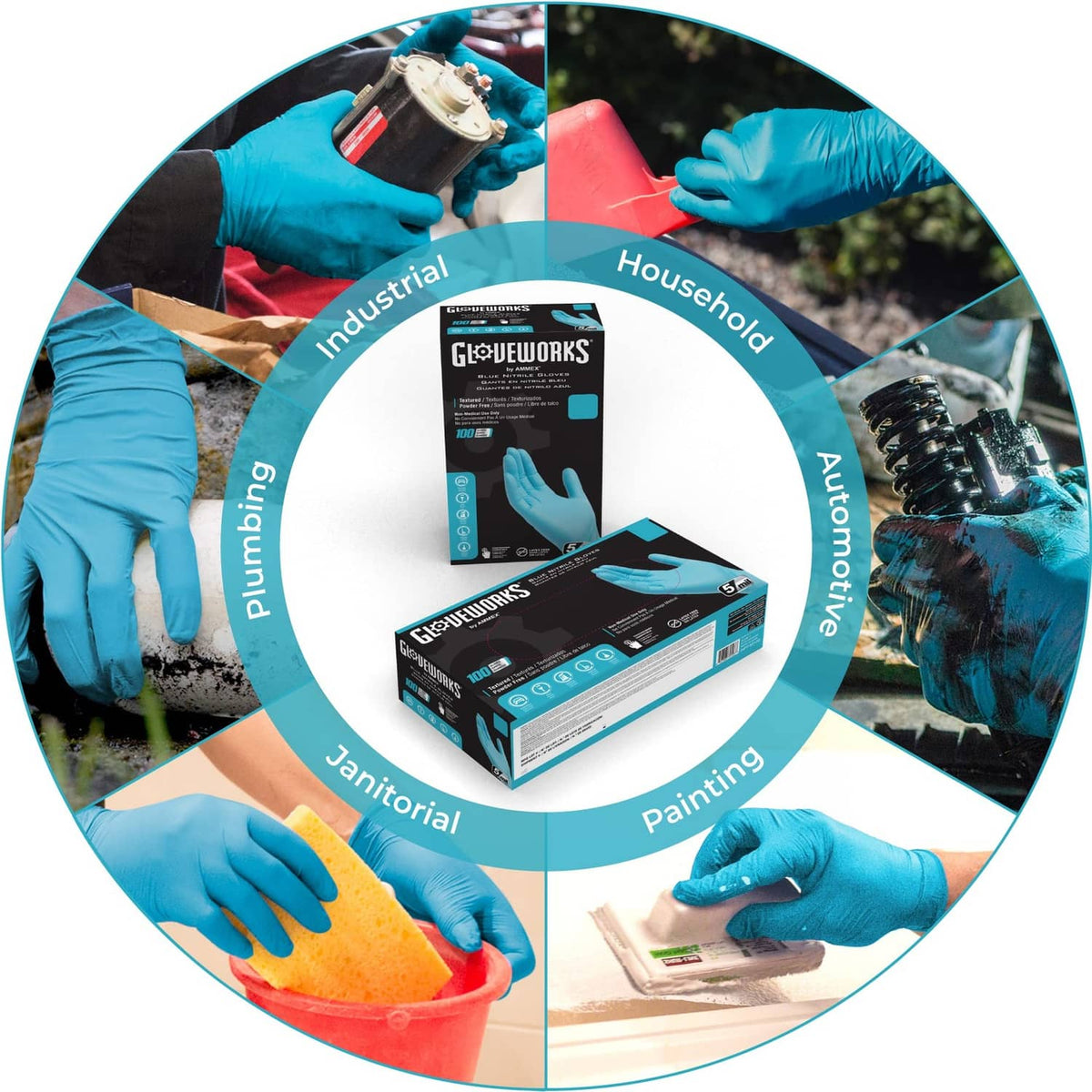 Blue nitrile glove set shown in multi-use circular layout