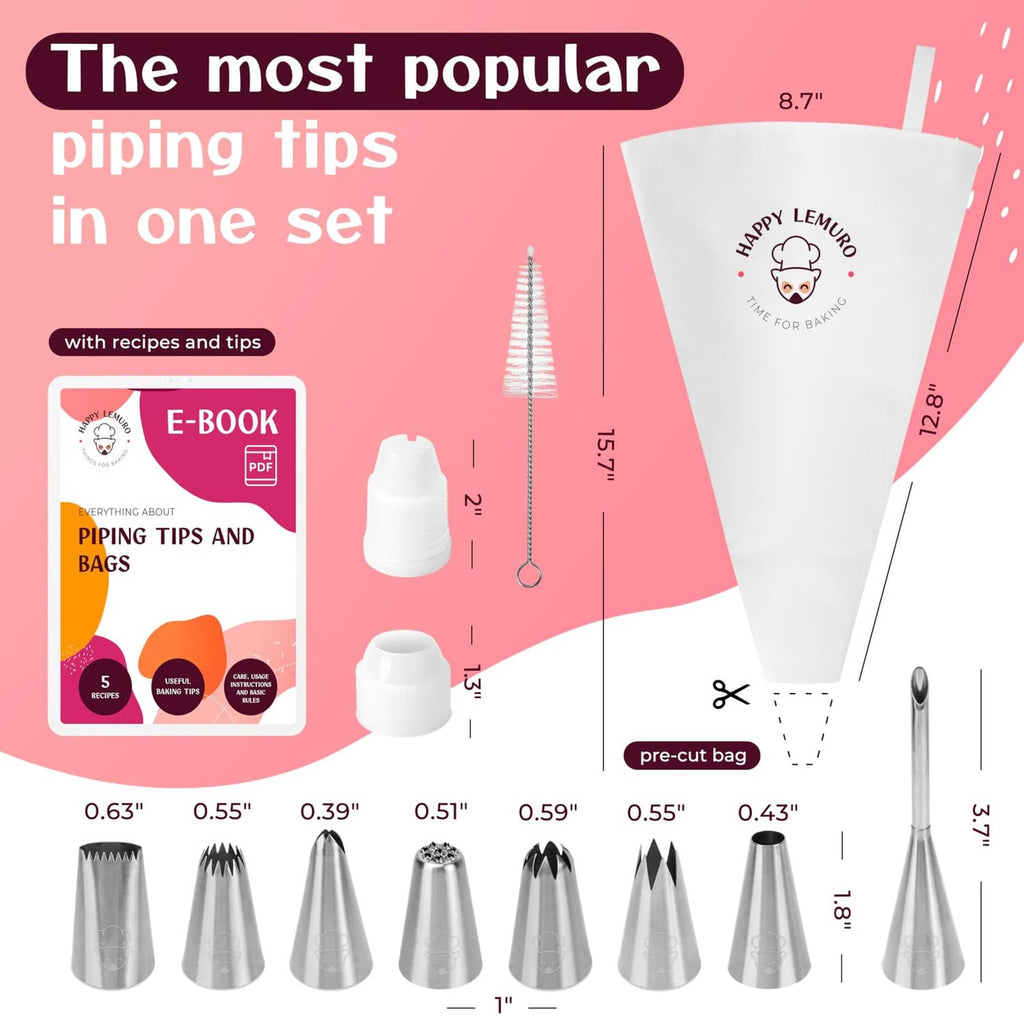 Piping tips and reusable bag set with multiple stainless-steel nozzle shapes