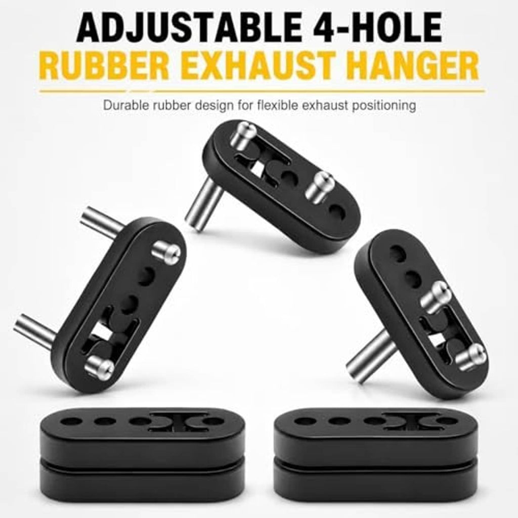 Adjustable black rubber exhaust hanger, 4-hole design with metal mounting bolts