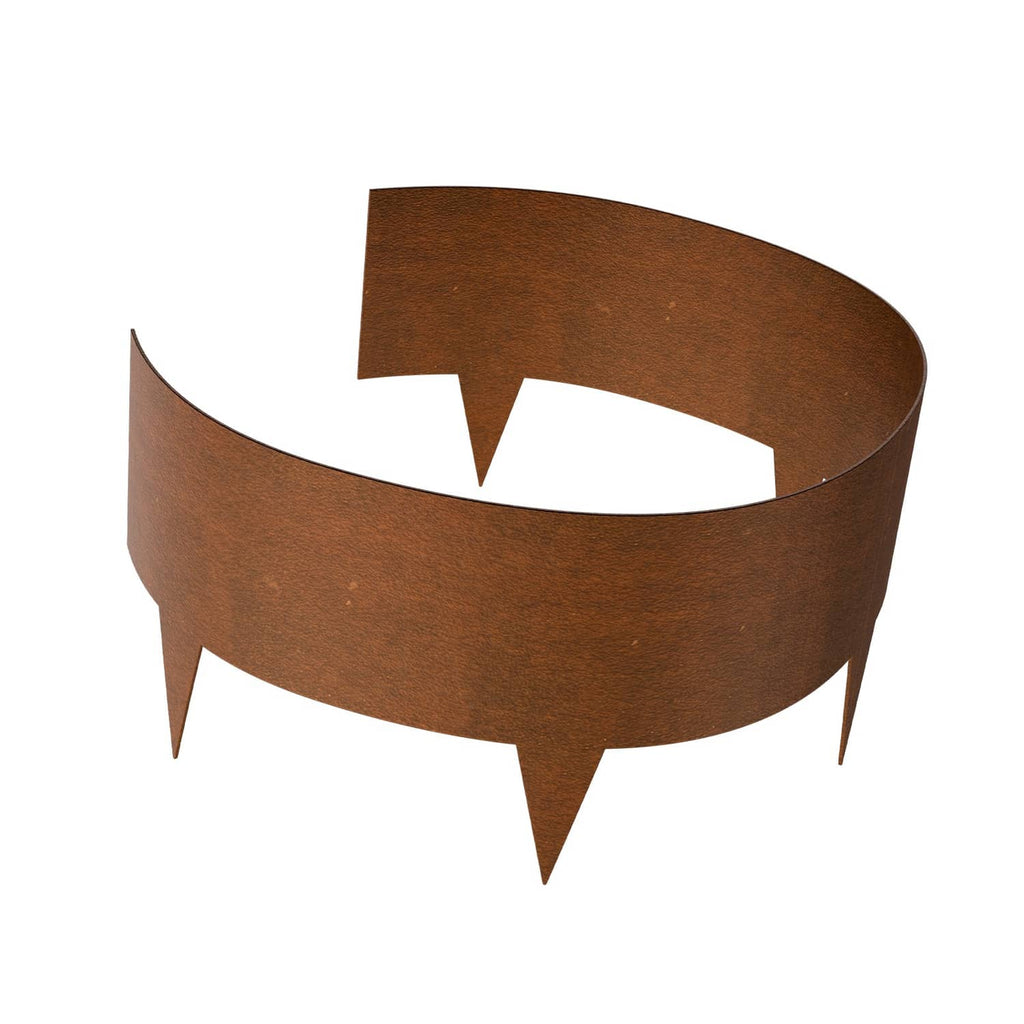 Weather-resistant steel landscape edging roll, brown curved border with stakes