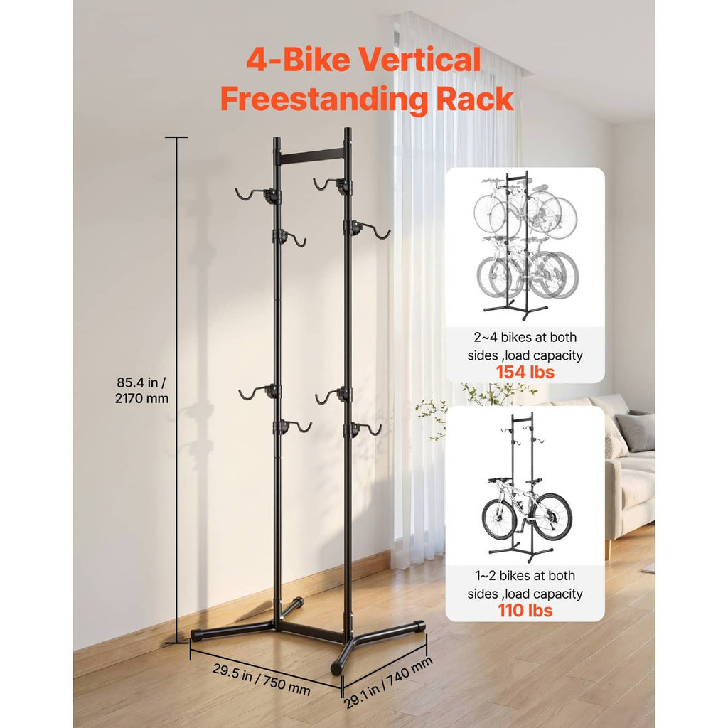 Black 4-bike vertical freestanding rack with curved steel hooks on a tall frame