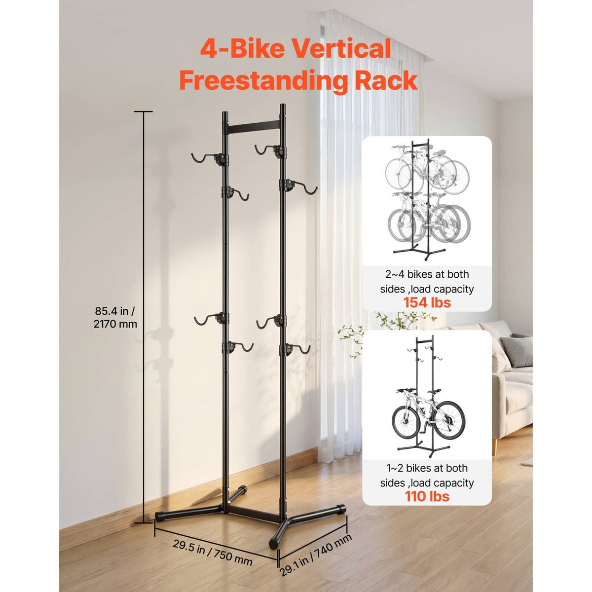 Black 4-bike vertical freestanding rack with curved steel hooks on a tall frame