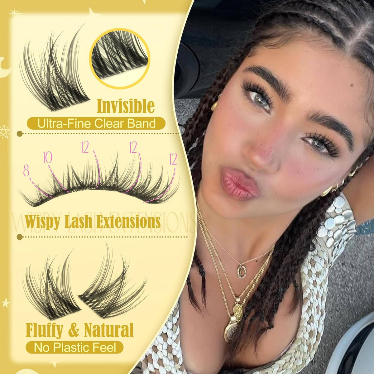 Natural-looking black lash extensions with ultra-fine clear band on model