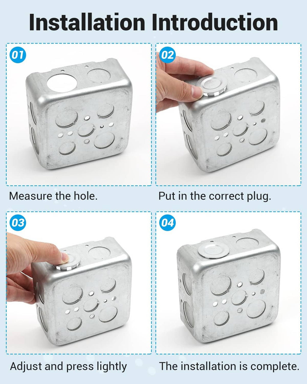 Silver electrical box knockout seal plug shown during installation on metal knockout box