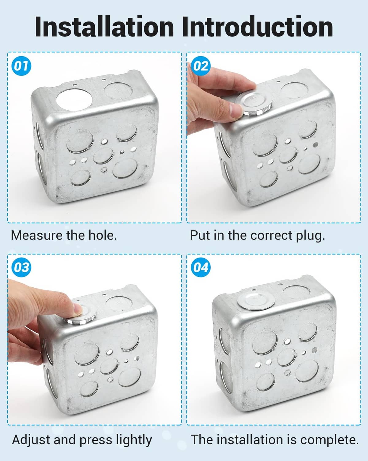 Silver electrical box knockout seal plug shown during installation on metal knockout box