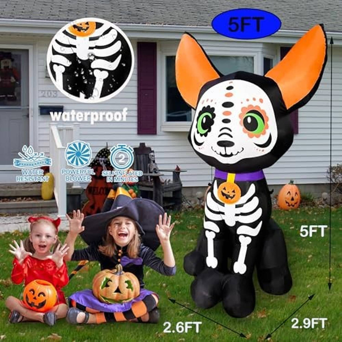 Halloween inflatable skeleton dog with orange ears, jack-o-lantern collar, full body.