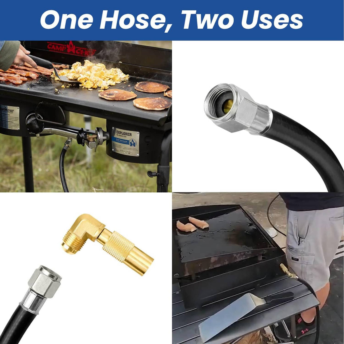 Propane adapter hose with regulator, black hose with brass-to-metal connector ends