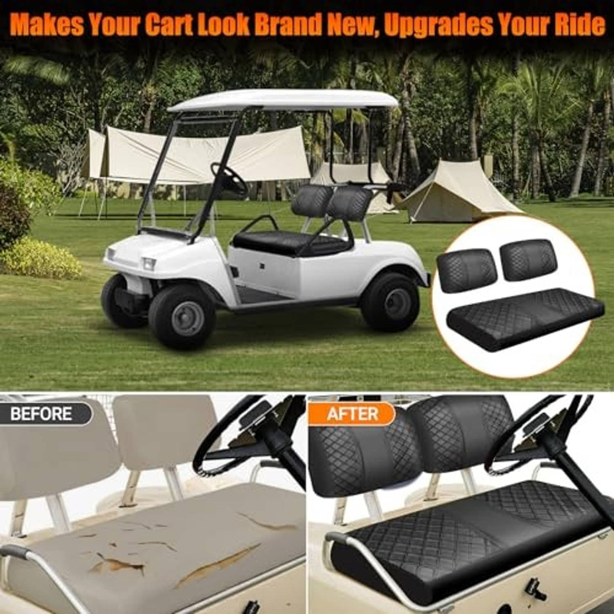 Golf cart front seat covers in black diamond quilting, fitted on seat and backrest