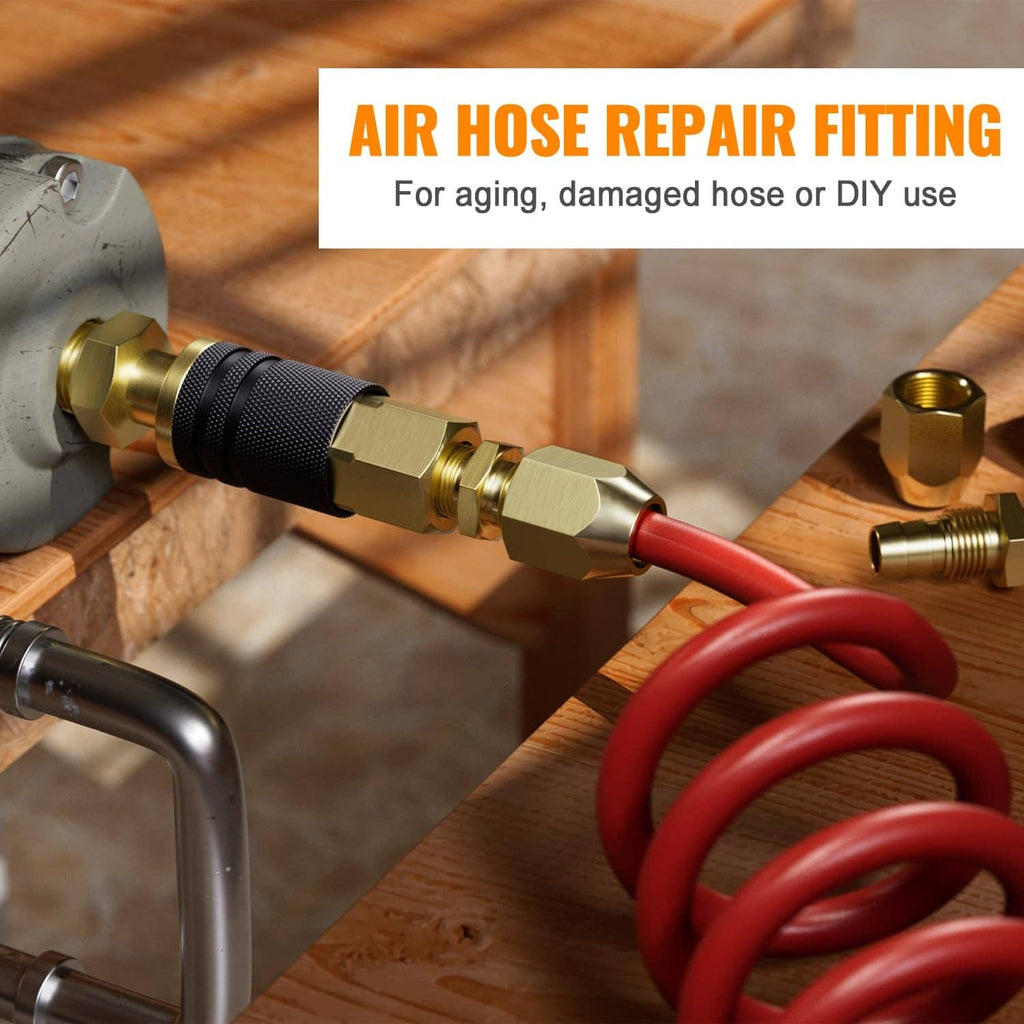 Brass 1/4 in barb air hose repair fitting attached to hose with black grip