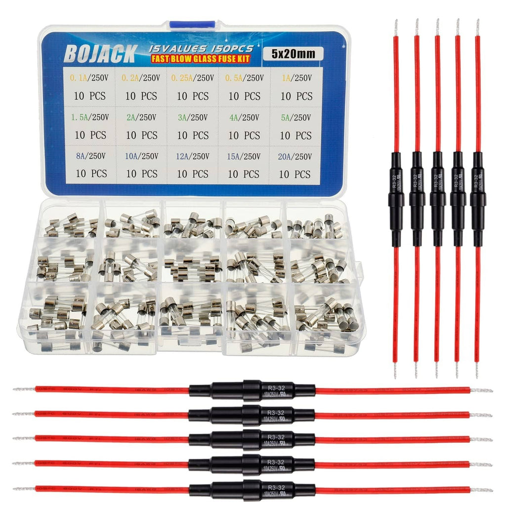 Inline screw fuse kit with 5x20mm fuses, clear box, red wires and fuse holders