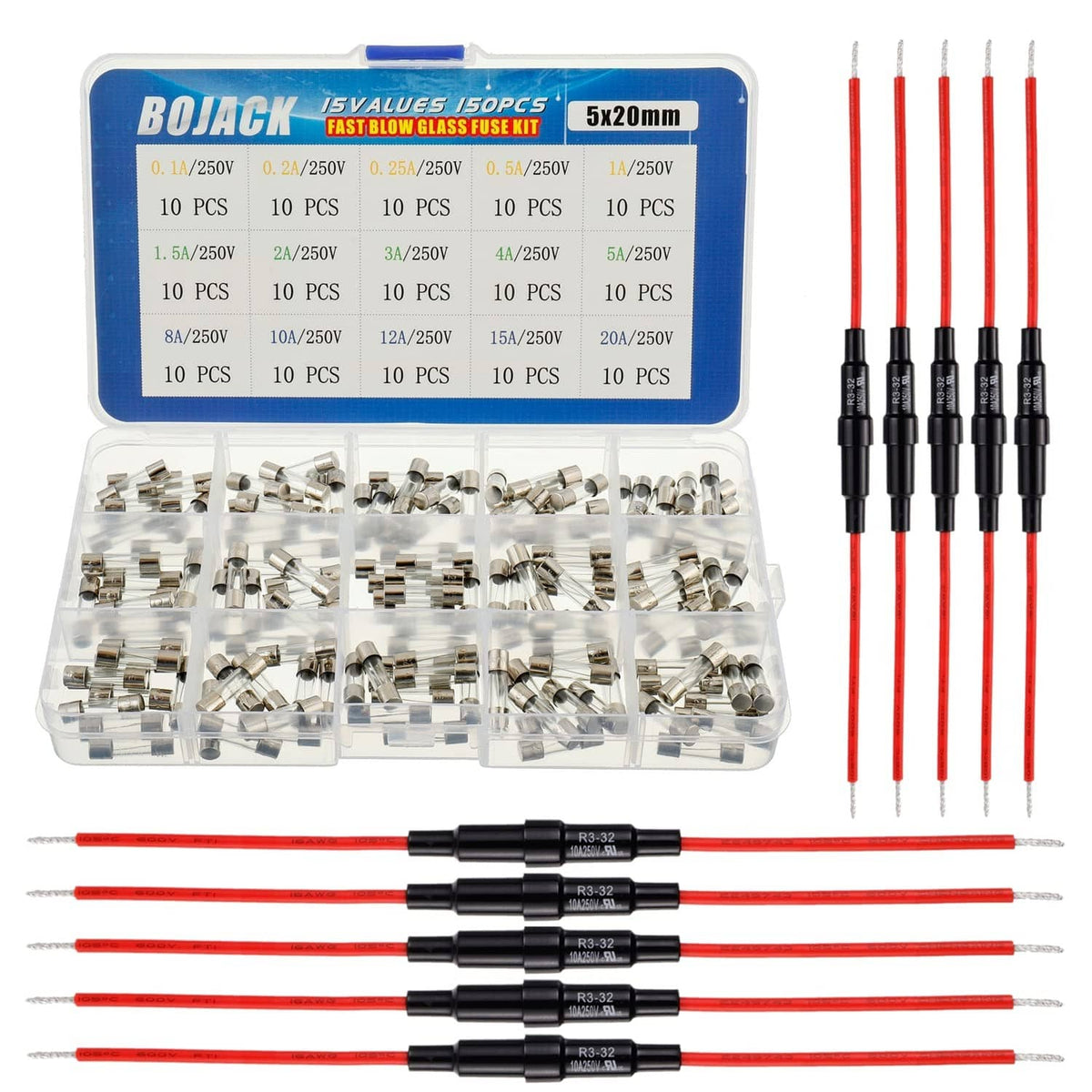 Inline screw fuse kit with 5x20mm fuses, clear box, red wires and fuse holders