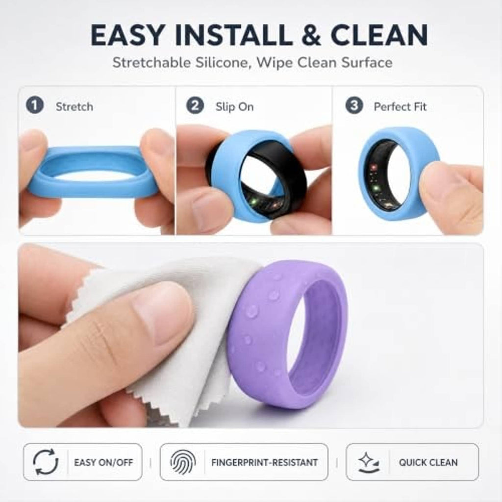 Thin silicone ring covers in stretchable bands, shown in blue and purple