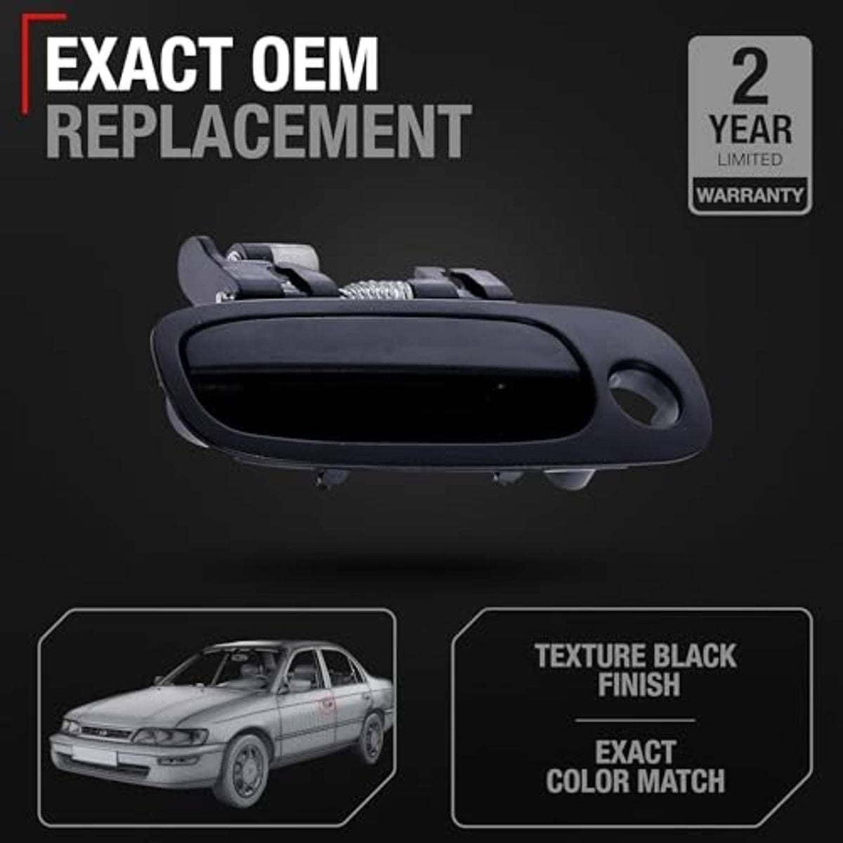 Black exterior front driver door handle with textured finish