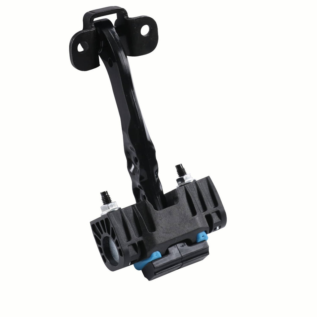Front door check strap with black vertical arm, blue insert, and top U-style bracket