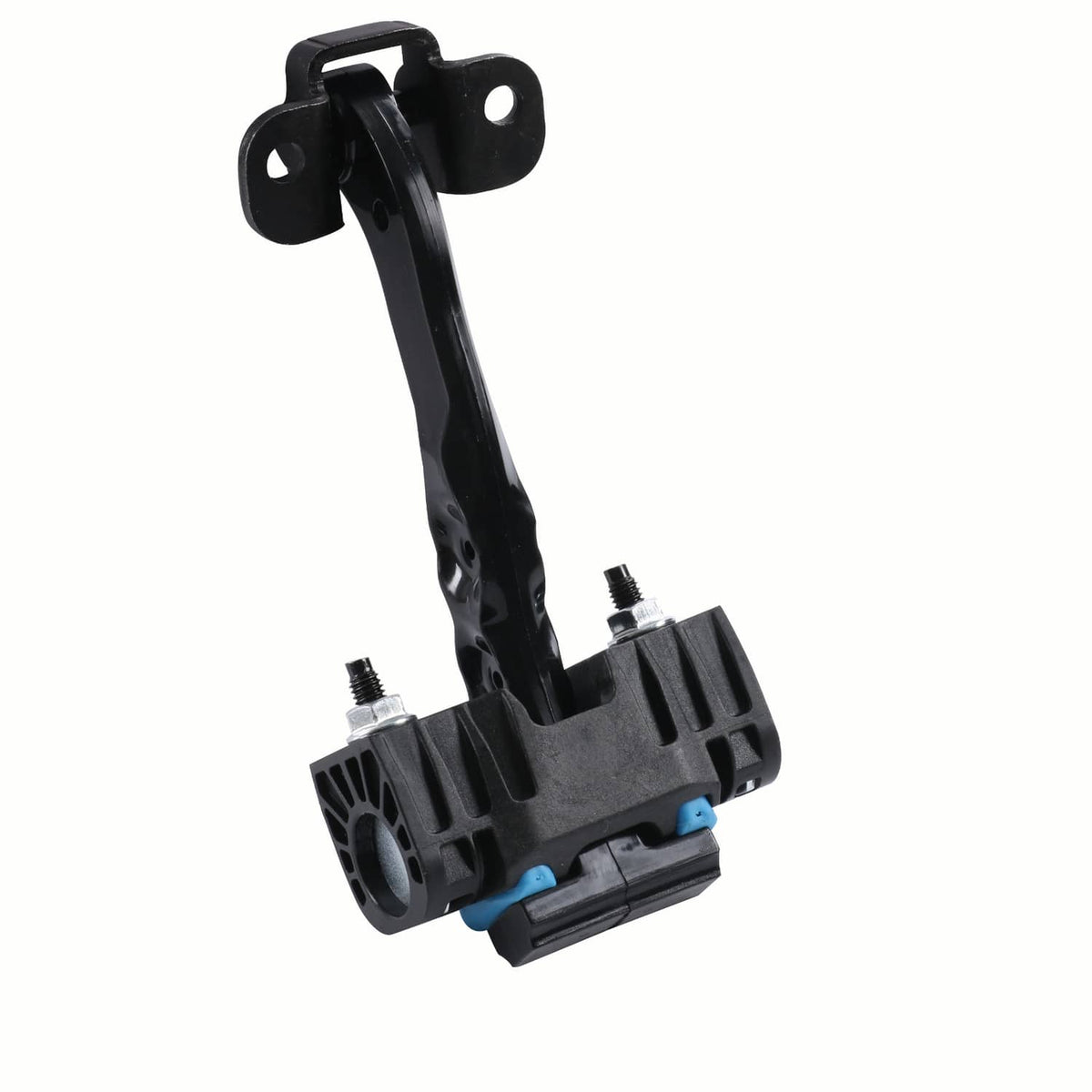 Front door check strap with black vertical arm, blue insert, and top U-style bracket