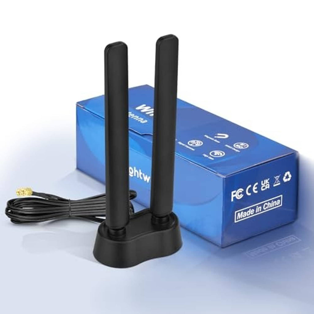 Magnetic WiFi 6E antenna with two black rods, coax cable, and box packaging