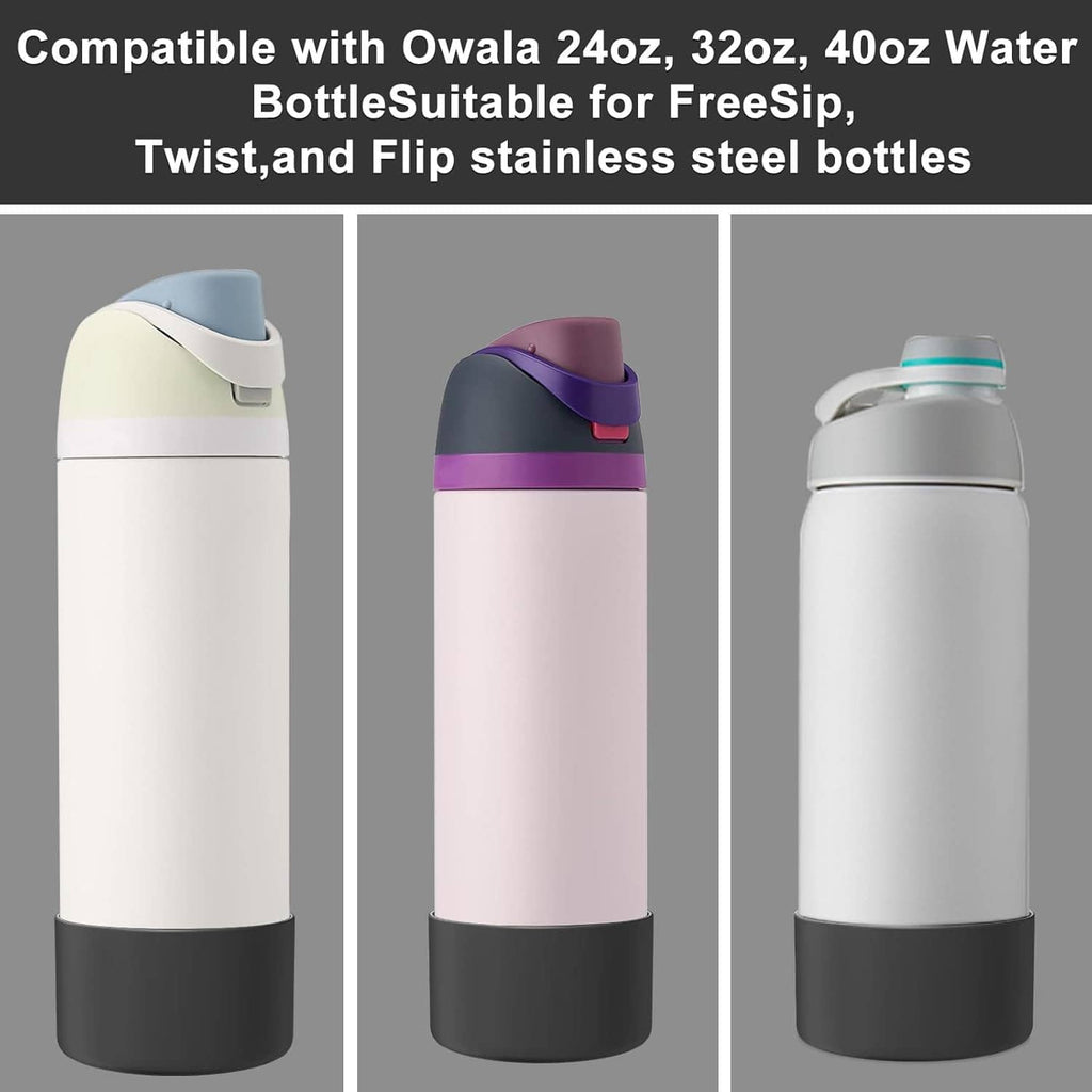 Silicone bottle boots in blue, purple, and gray colors fitted on water bottles
