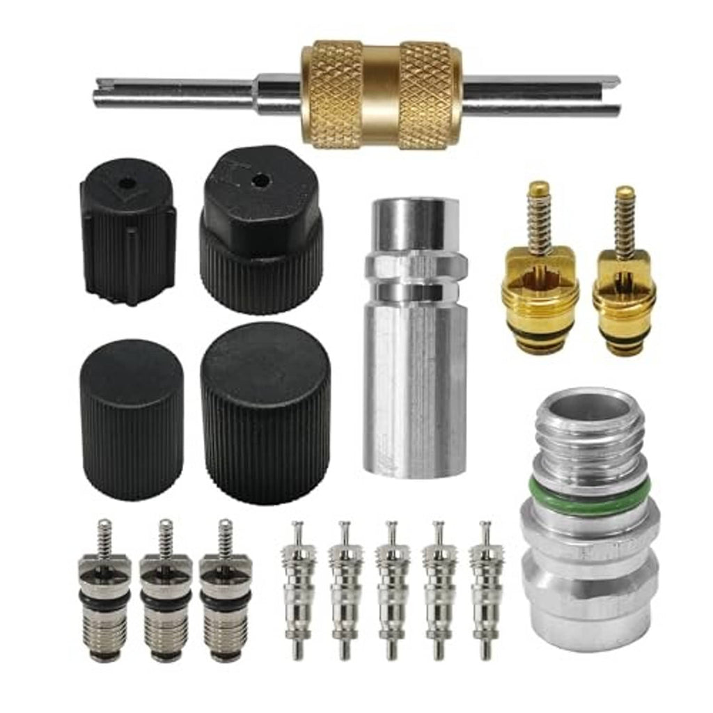 Automotive A/C valve core kit with brass insertion tool, silver connectors, black caps, gold cores