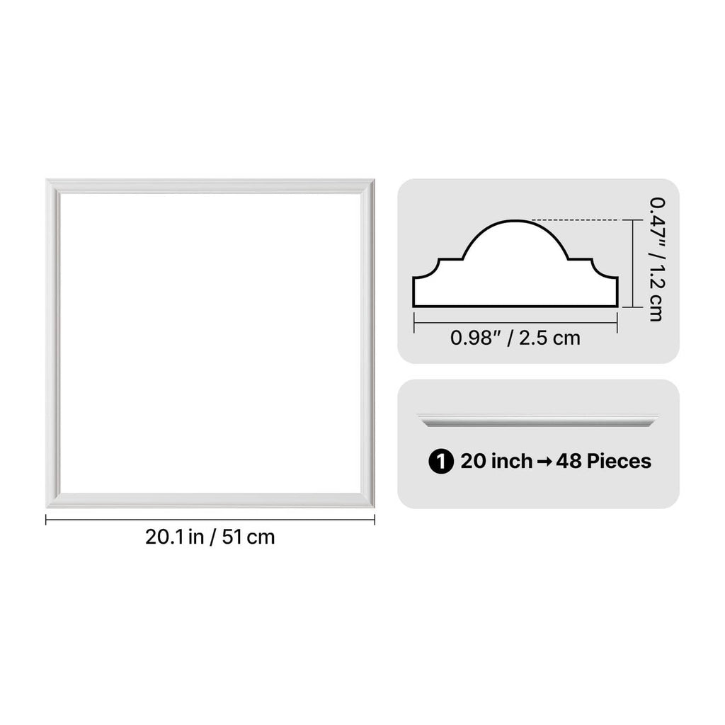 White square wall molding panel with measurements and 20 in, 48 pieces set layout