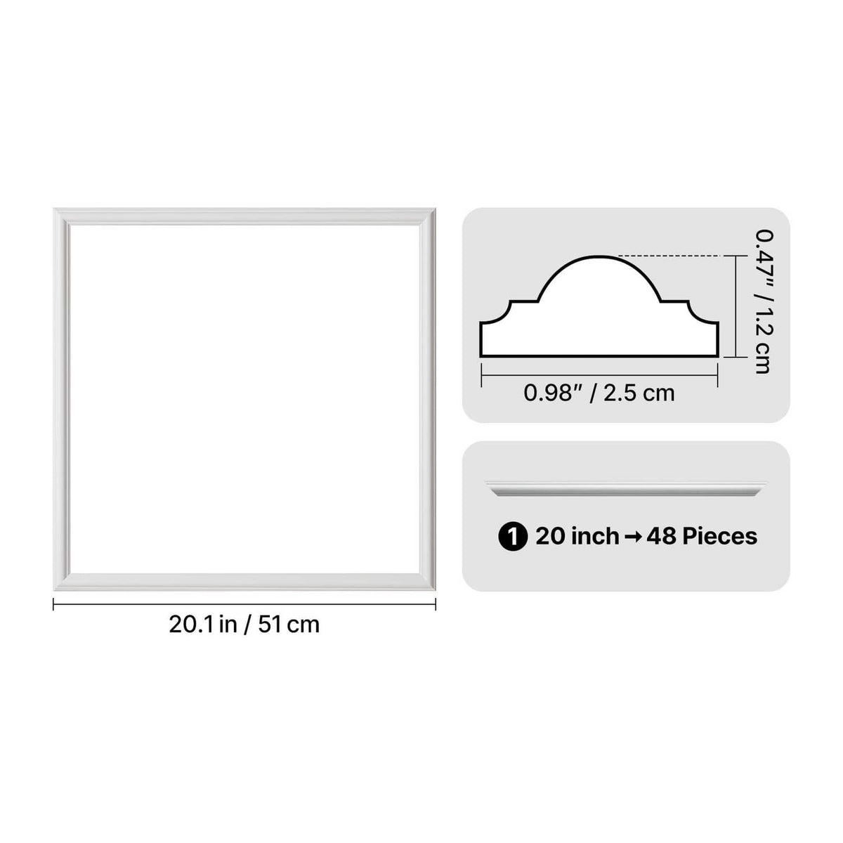 White square wall molding panel with measurements and 20 in, 48 pieces set layout
