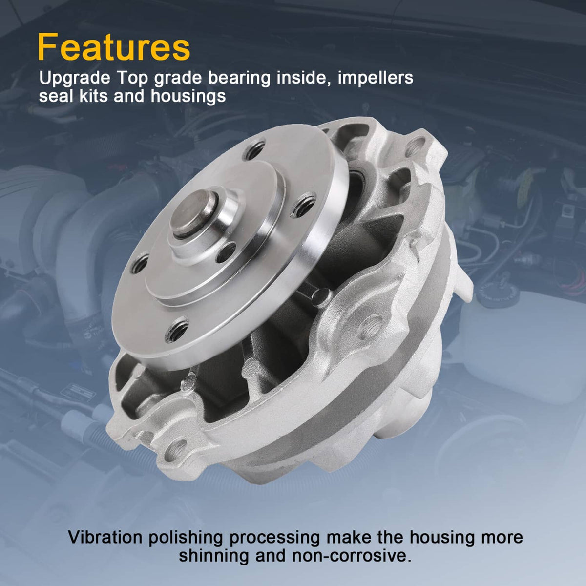 Cast aluminum water pump with circular hub and mounting bolts; side view