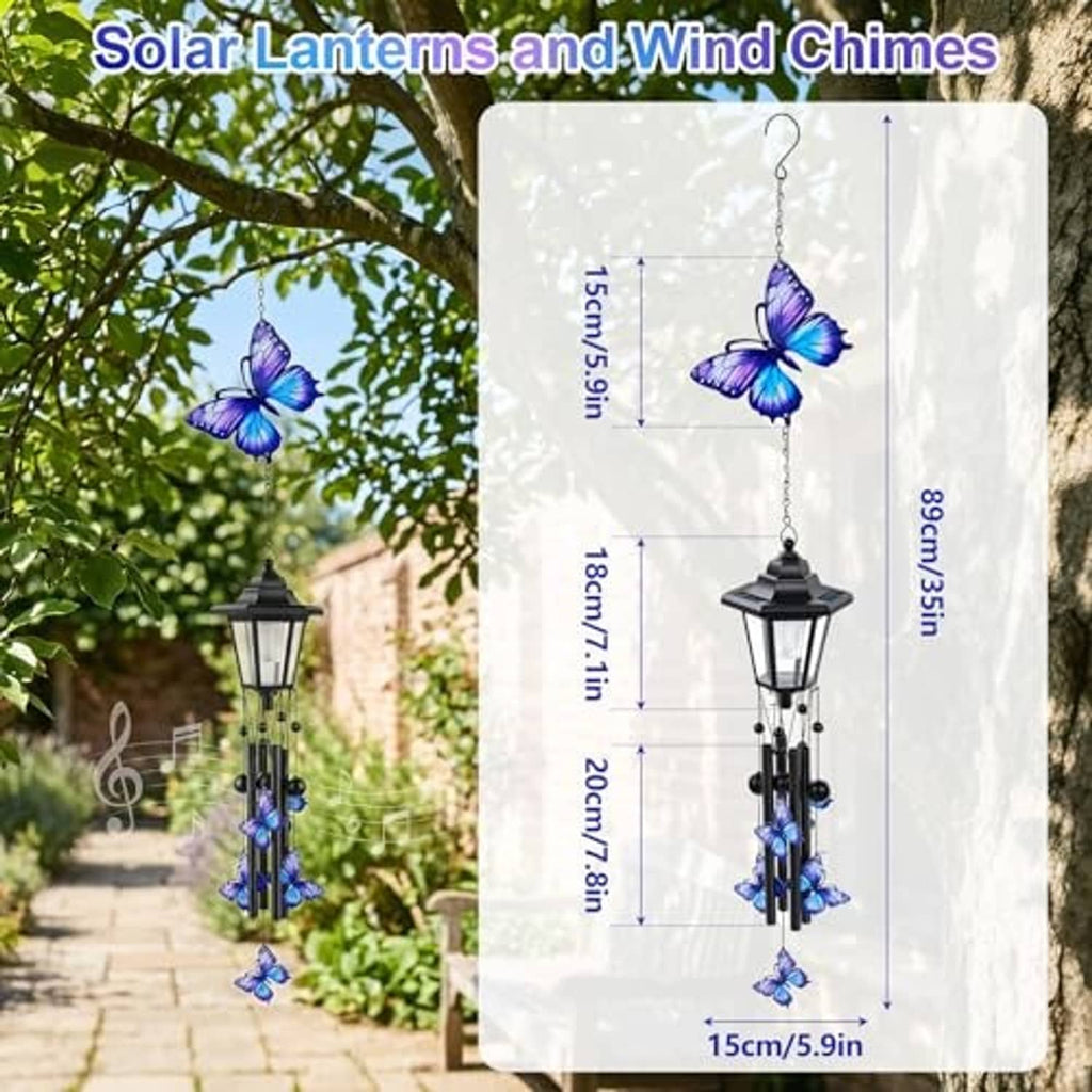 Solar wind chime lantern with blue butterflies and black lantern, hanging design