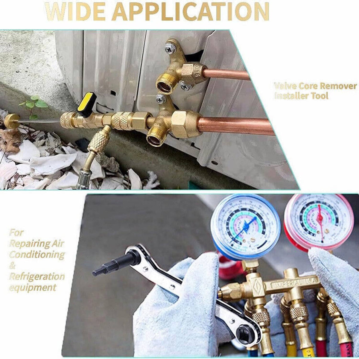 HVAC valve core remover installer tool for refrigeration lines with manometer use