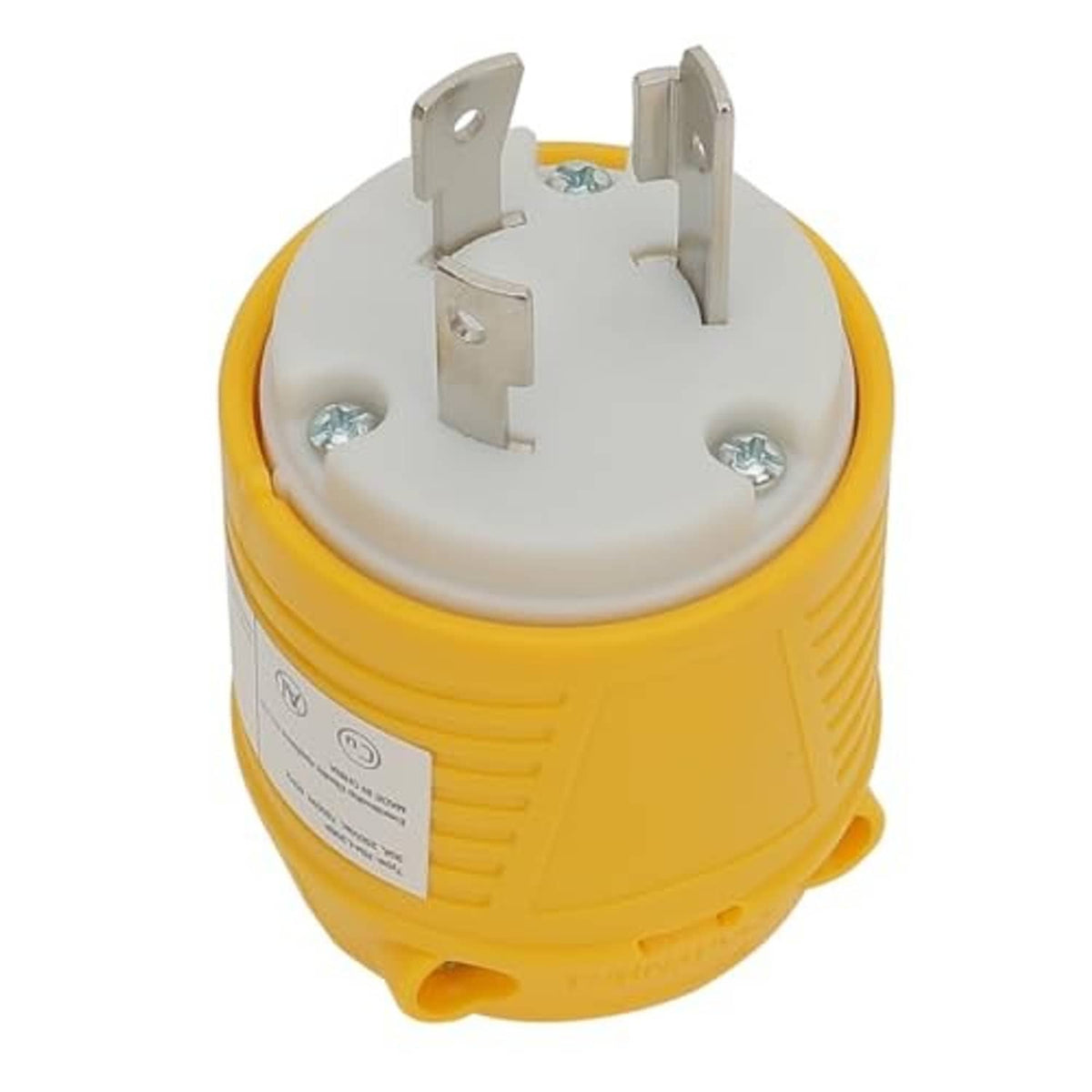 L6-30P locking plug base, yellow housing, white contact plate with screw terminals
