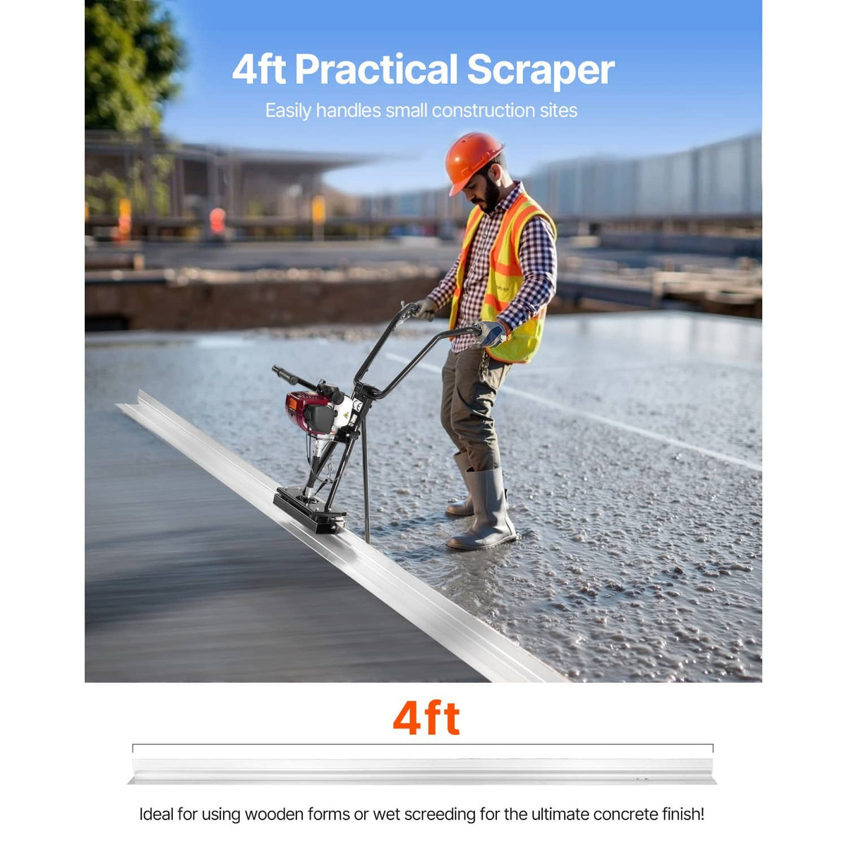 Concrete power screed with long white 4 ft scraper blade and upright operator handles