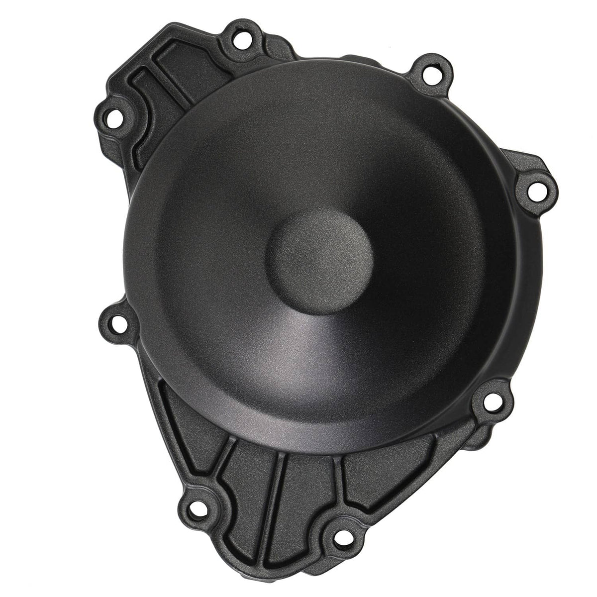 Left side engine stator cover, black round cap with bolt holes around perimeter