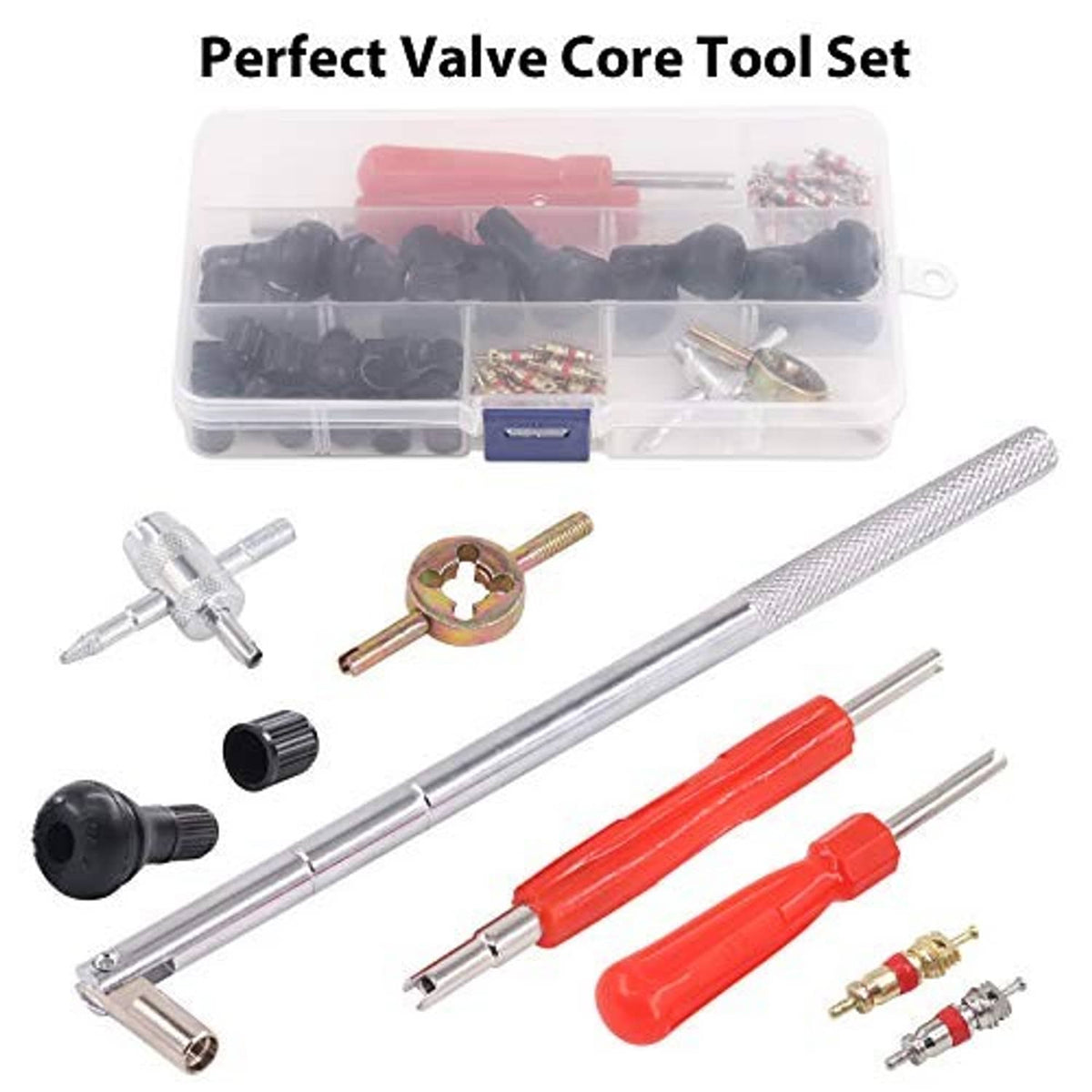 Complete valve core tool set with valve stem puller, red handles, caps, and cores