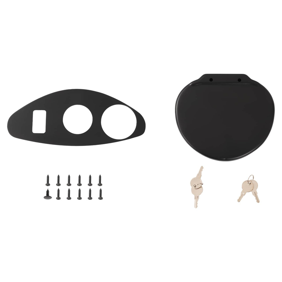 Matte black dash cover kit: cover, templates, screws, and keys with lock