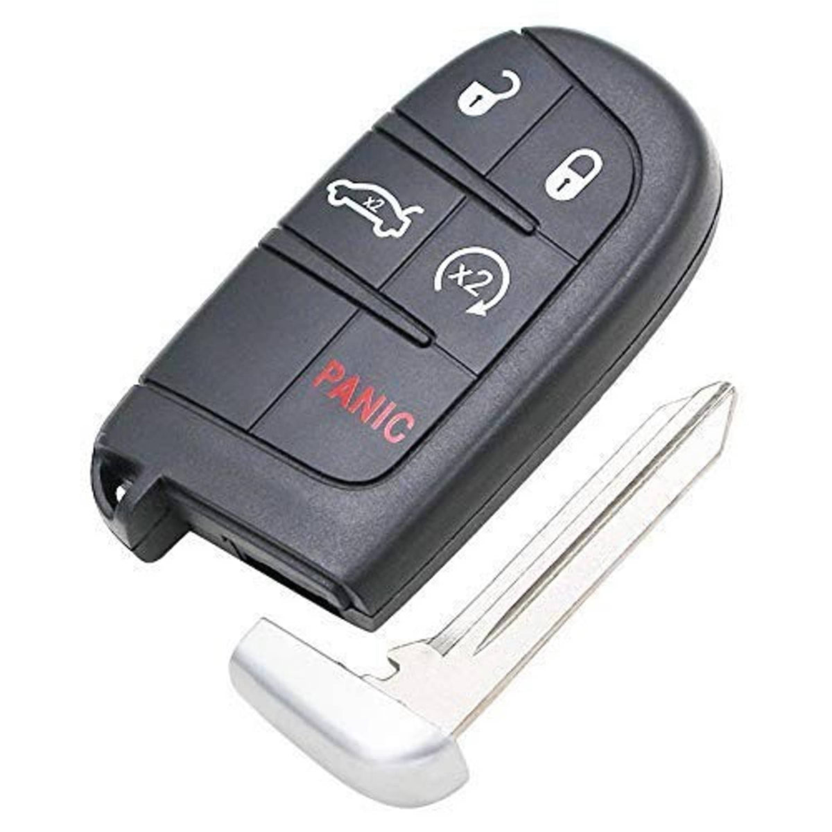 Dark gray keyless car remote fob with metal key blade partially inserted, 5 buttons.