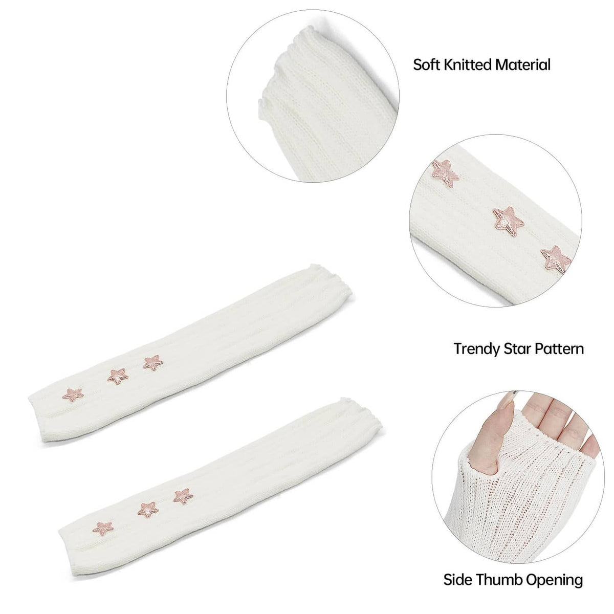 White knitted arm warmers with pink star pattern and side thumb opening