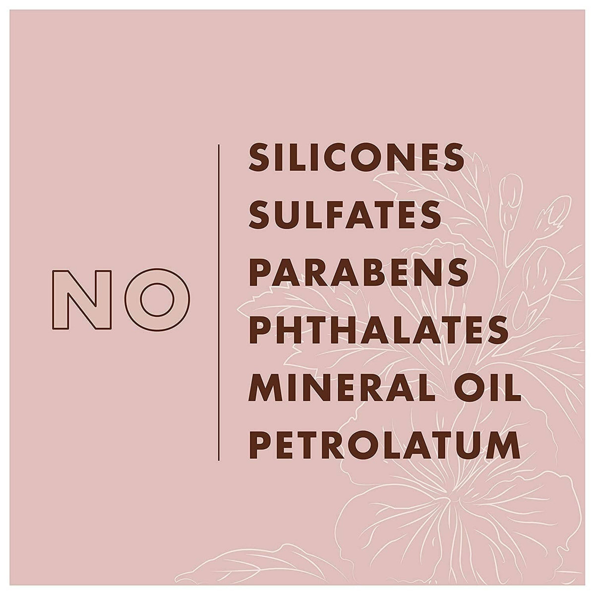 Product packaging label listing no silicones, sulfates, parabens, phthalates, mineral oil