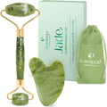 Green jade facial roller and gua sha stone set with gold-toned handles