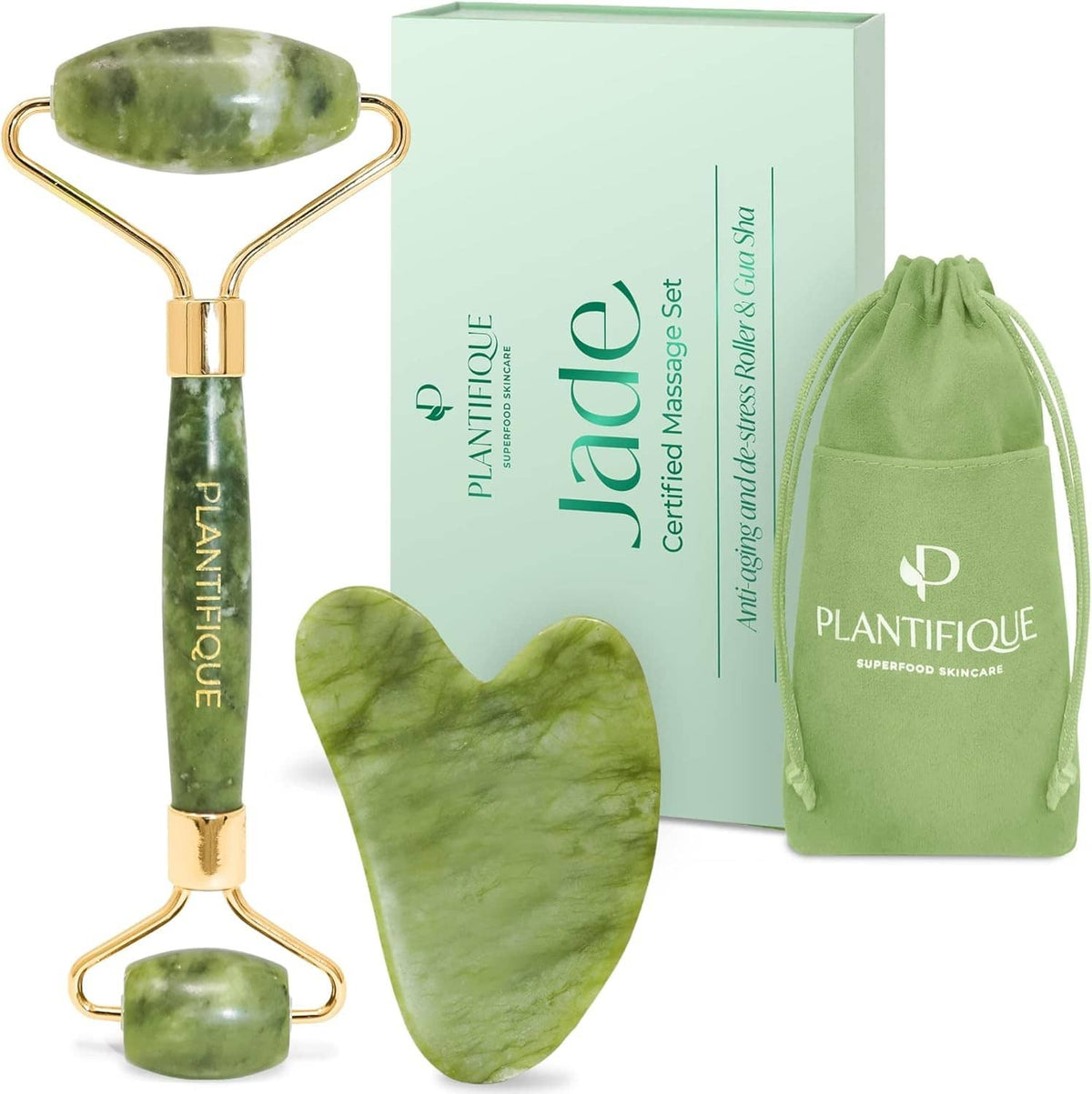 Green jade facial roller and gua sha stone set with gold-toned handles