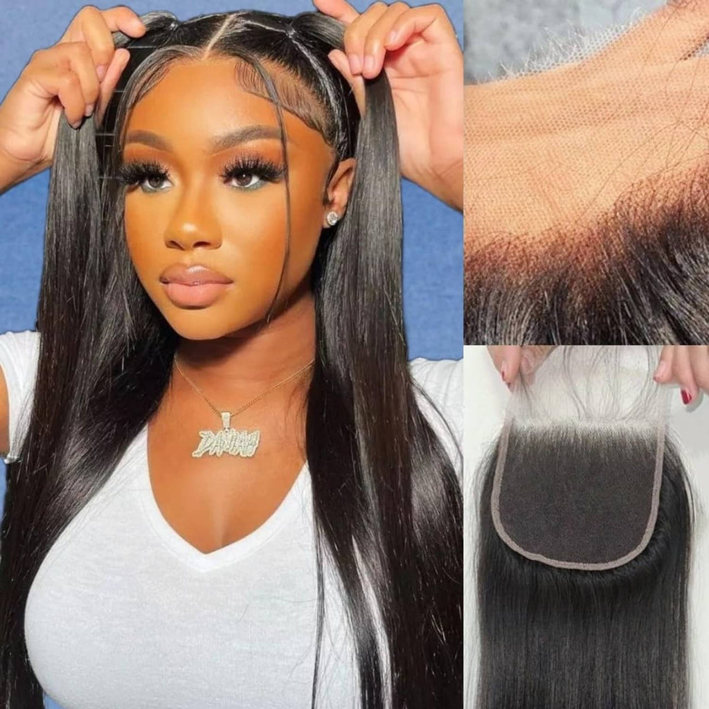 20-inch straight lace closure with dark black hair, natural-looking part and baby hairs