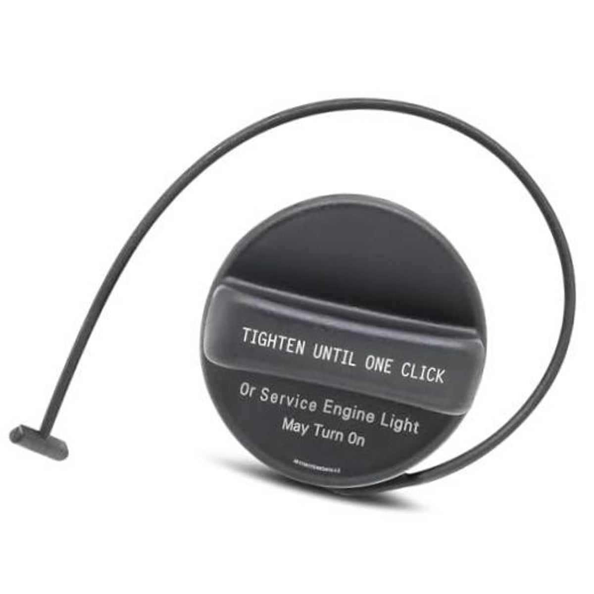 Black fuel gas cap with tethered ring and printed instructions on top