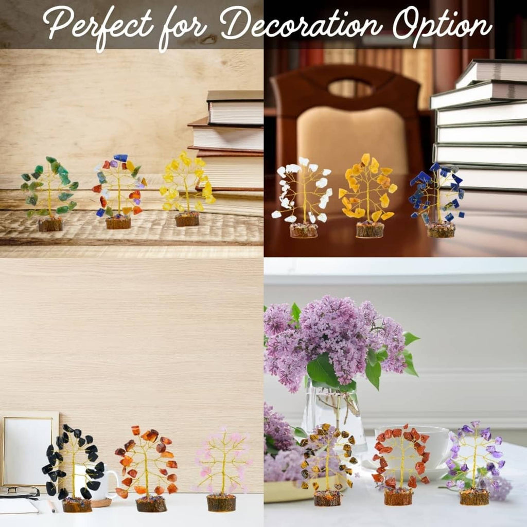 Assorted gemstone crystal trees for decoration, displayed on small potted bases.