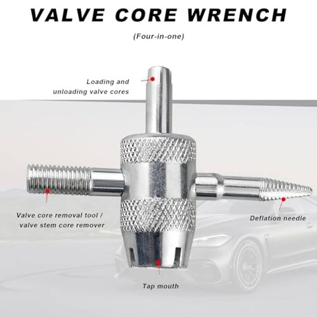 Stainless valve core wrench with needle and core-removal functions, 4-in-one head