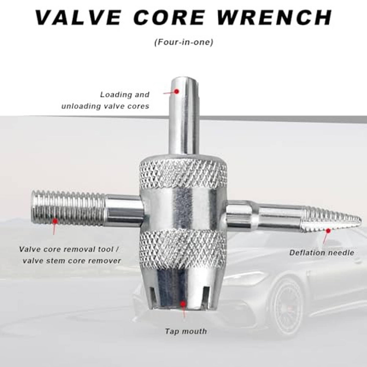 Stainless valve core wrench with needle and core-removal functions, 4-in-one head