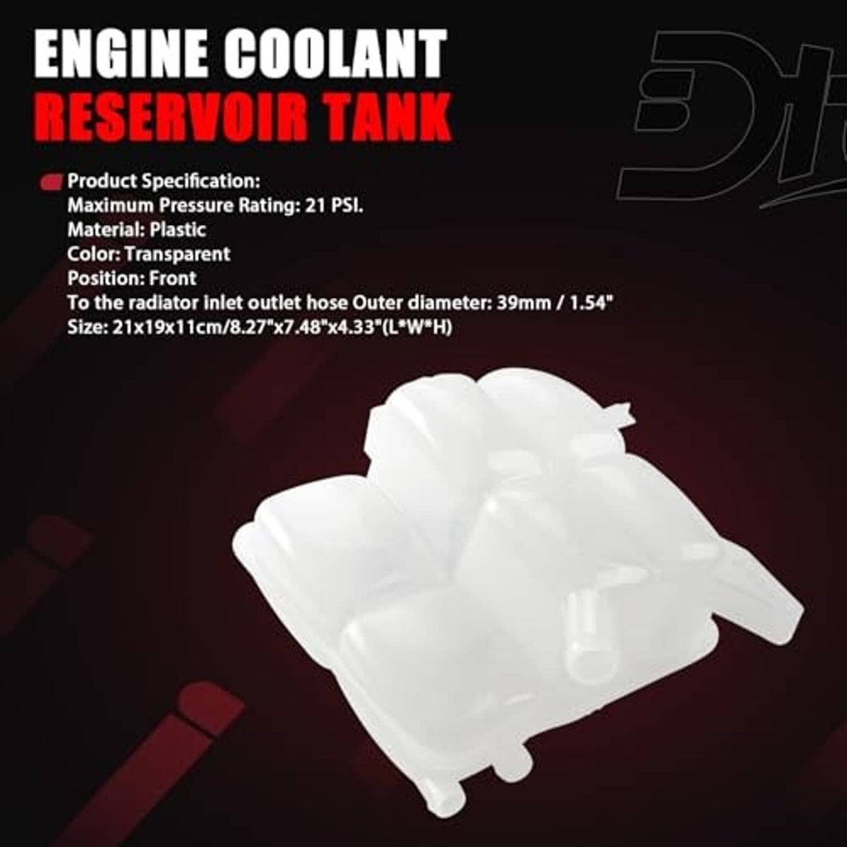 White coolant reservoir tank, front angled view, translucent plastic body